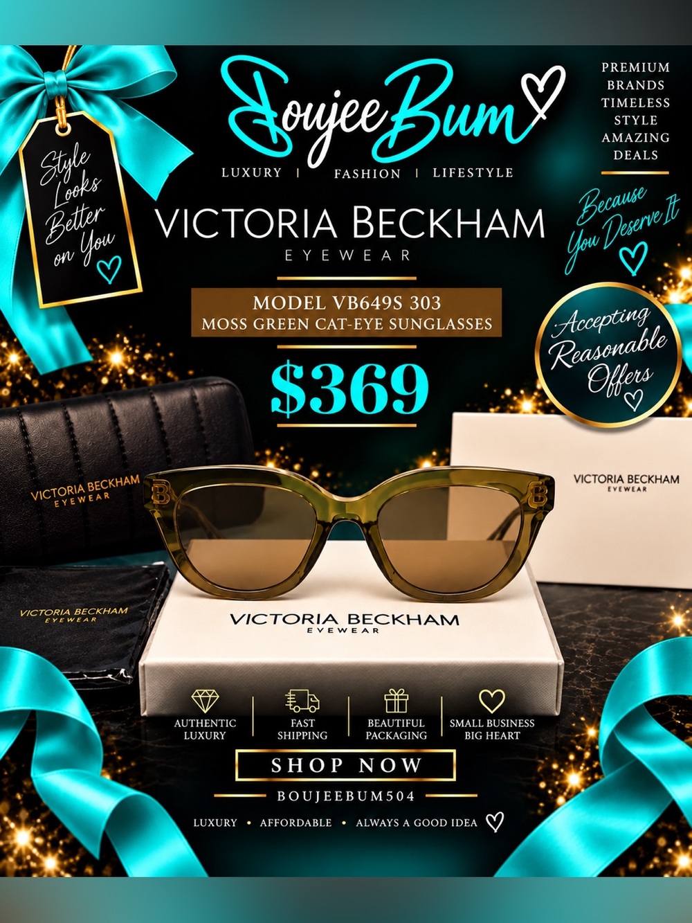 NEW Victoria Beckham VB649S 303 Moss Green Cat-Eye Sunglasses
